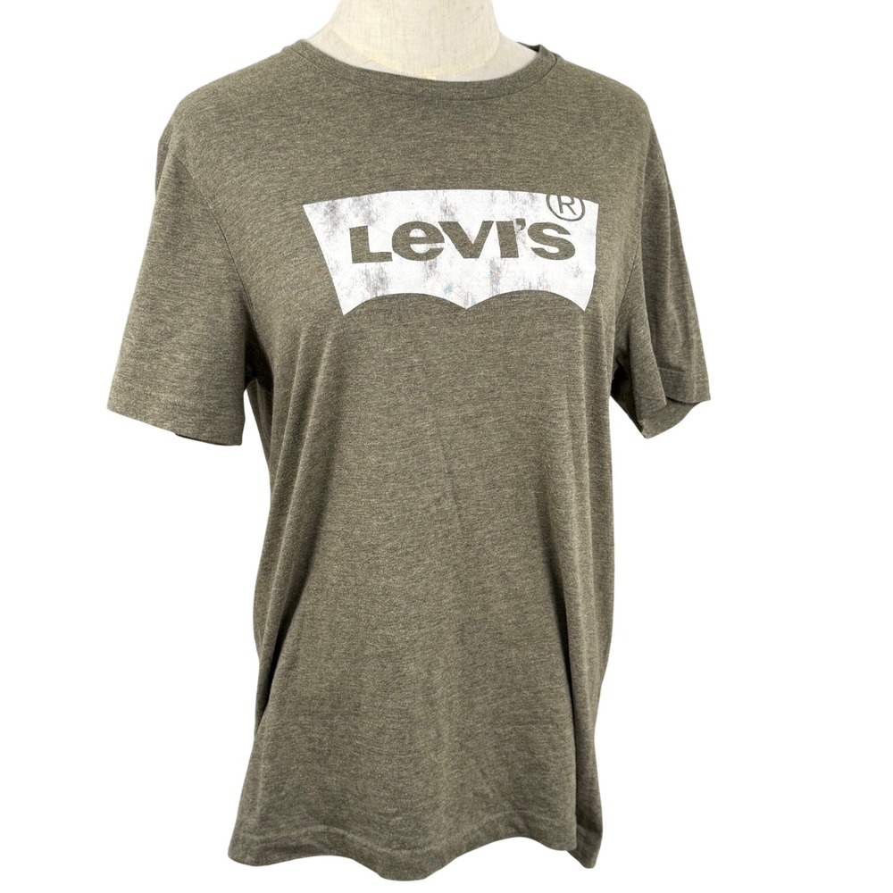 Levis S T-Shirt Olive Green Distressed Batwing Logo Heathered Graphic Streetwear